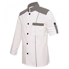 Китель поварской, длинный рукав, на кнопках, 65% полиэстер, 35% вискоза, 175 gsm, белый с клетчатой отделкой, размер 48, ISMONT. (01 M032-08-48)