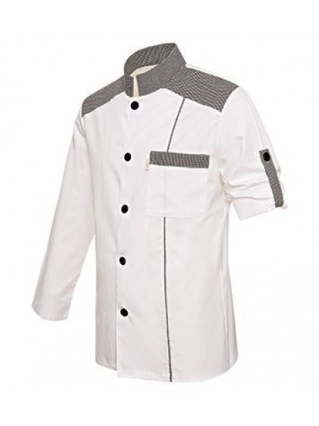 Китель поварской, длинный рукав, на кнопках, 65% полиэстер, 35% вискоза, 175 gsm, белый с клетчатой отделкой, размер 48, ISMONT. (01 M032-08-48)