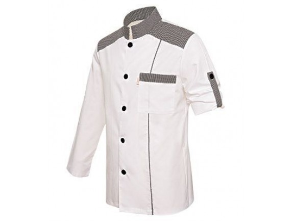 Китель поварской, длинный рукав, на кнопках, 65% полиэстер, 35% вискоза, 175 gsm, белый с клетчатой отделкой, размер 48, ISMONT. (01 M032-08-48)