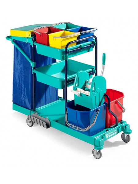 Тележка GREEN 460, с синими стойками и колесами диам. 100 мм,Nick30, 4*6л ведра, отжим Тес. Мешок и (0B003460)