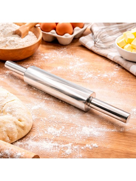Скалка для теста вращающаяся нерж.сталь, D-6,3 см, L-25 см, Luxstahl. (10-2957)