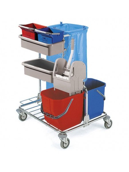 Тележка для горничных универсальная, с отжимом TEC, ведра 2x25L, полки 2 для 6L контейнеров. (2020)