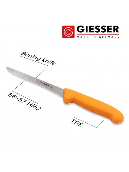 Нож обвалочный профессиональный 16 см, для обвалки и разделки мяса, ручка TPE желтая, Giesser. (3105 16 g)