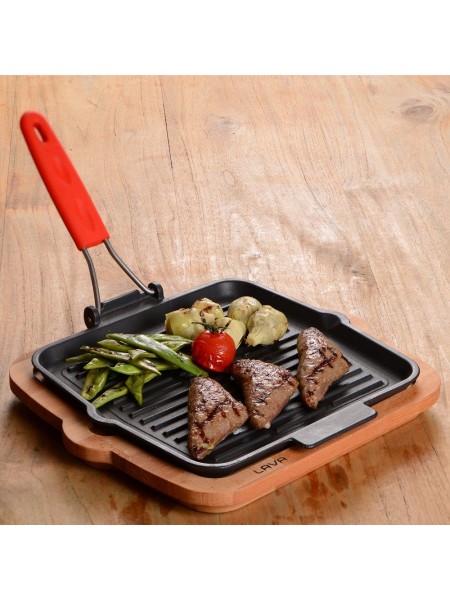 Сковорода гриль чугунная квадратная, 24 см, ручка нерж.сталь, Lava. (44213-24)
