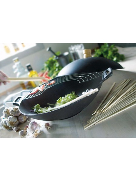 Сковорода ВОК с решеткой, в комплекте щипцы деревянные 2 штуки, палочки 24 штуки, крышка, D-36,5 см, чугунная, Gense. (4622200)