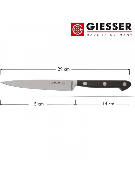 Профессиональный кованый узкий поварской шеф нож Classic, 15 см, черная ручка POM, Giesser. (8270 15)