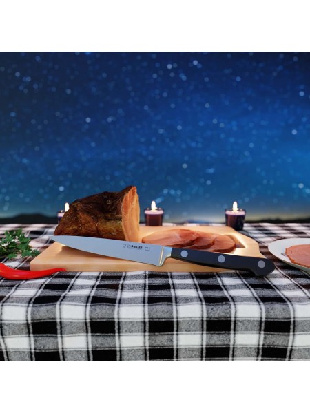 Профессиональный кованый узкий поварской шеф нож Classic, 15 см, черная ручка POM, Giesser. (8270 15)