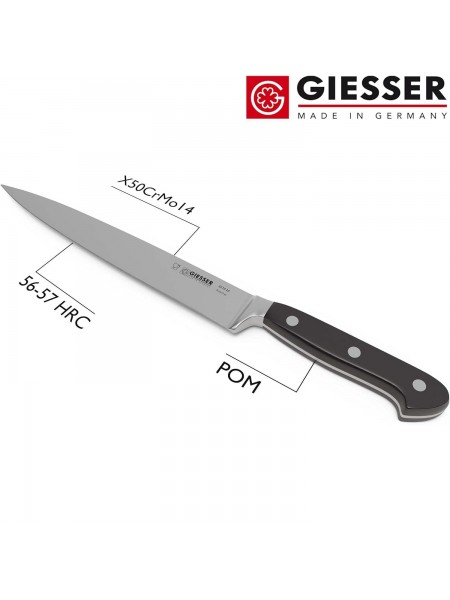 Профессиональный кованый узкий поварской шеф нож Classic, 20 см, черная ручка POM, Giesser. (8270 20)