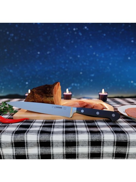 Профессиональный кованый узкий поварской шеф нож Classic, 20 см, черная ручка POM, Giesser. (8270 20)