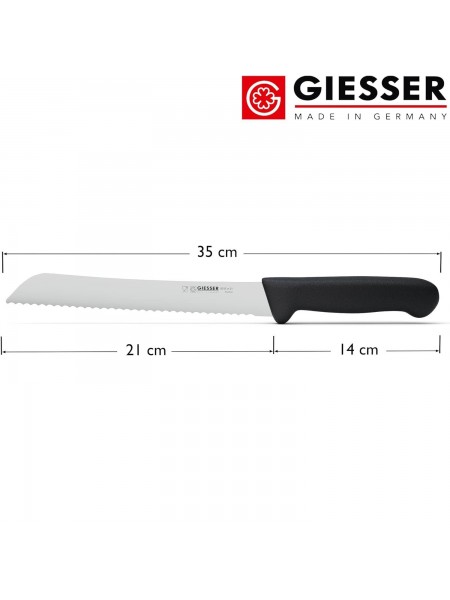 Кухонный нож для нарезки хлеба с зубчатым лезвием, 21 см, ручка TPE черная, Giesser. (8355 w 21)