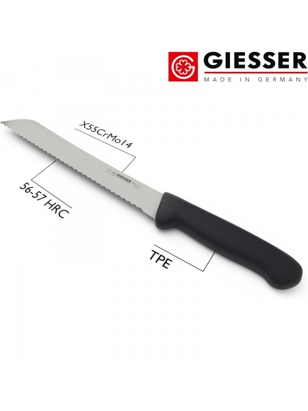 Кухонный нож для нарезки хлеба с зубчатым лезвием, 21 см, ручка TPE черная, Giesser. (8355 w 21)
