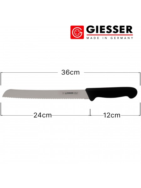 Кухонный нож для нарезки хлеба с зубчатым лезвием, 24 см, ручка TPE черная, Giesser. (8355 w 24)