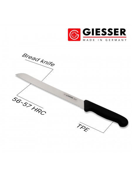 Кухонный нож для нарезки хлеба с зубчатым лезвием, 24 см, ручка TPE черная, Giesser. (8355 w 24)