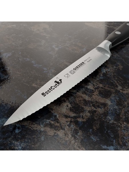 Нож кухонный BestCutx55 кованый профессиональный с волнистым лезвием, 10 см, для чистки и нарезки овощей и фруктов, черная ручка PSU, Giesser. (8640 w 10)