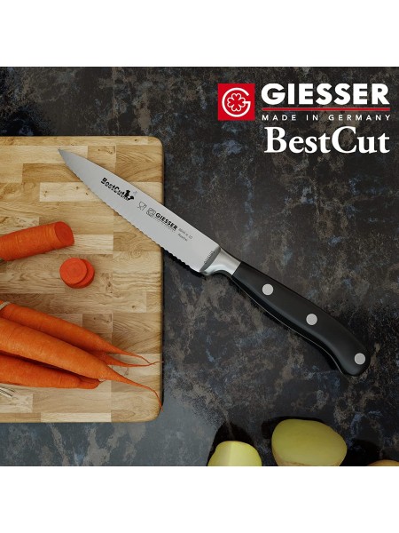 Нож кухонный BestCutx55 кованый профессиональный с волнистым лезвием, 10 см, для чистки и нарезки овощей и фруктов, черная ручка PSU, Giesser. (8640 w 10)