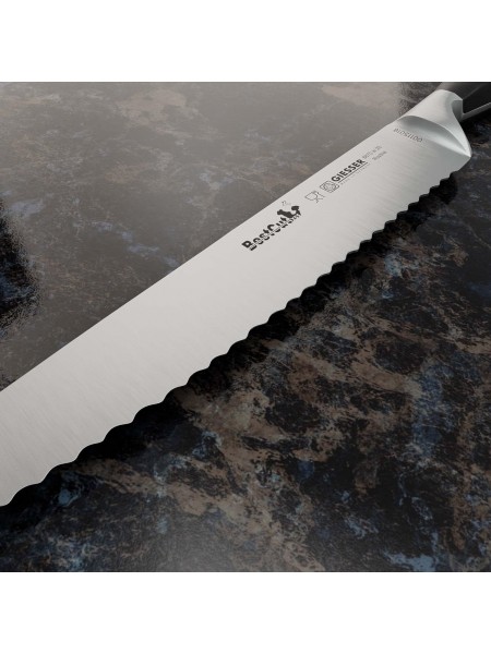 Нож кухонный BestCutX55 кованый с зубчатым лезвием, 20 см, для нарезки хлеба, черная ручка PSU, Giesser. (8670 w 20)