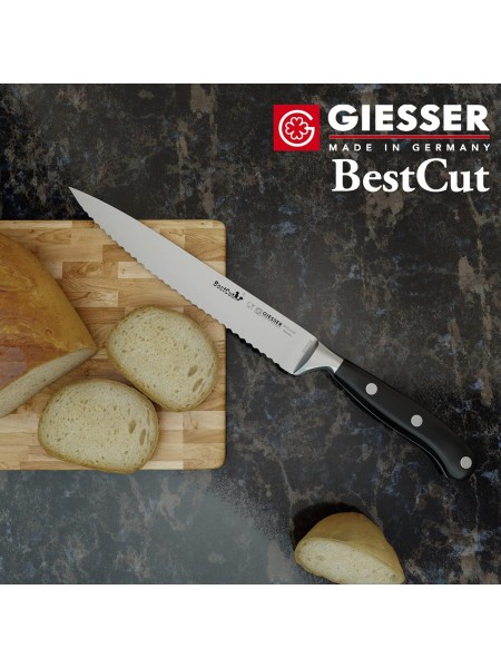 Нож кухонный BestCutX55 кованый с зубчатым лезвием, 20 см, для нарезки хлеба, черная ручка PSU, Giesser. (8670 w 20)