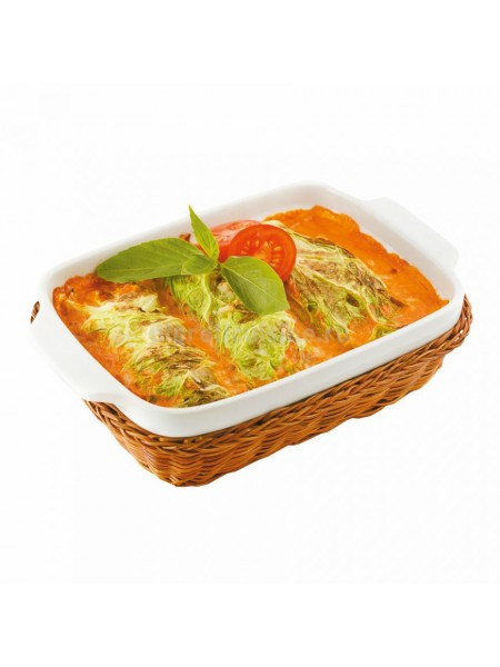 Блюдо фарфоровое Ля Шеф для запекания и подачи с плетеной подставкой, 22*14*5 см, Proff Cuisine. (99002704)