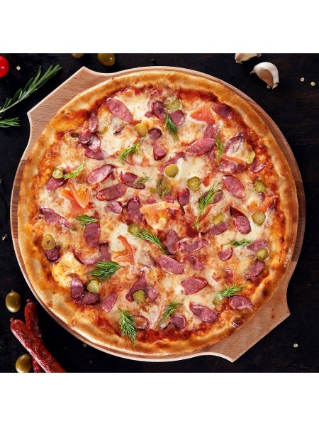 Сервировочная доска для пиццы с ручками и разметкой, бук, D-35, толщина 2 cм, Luxstahl. (D35201)